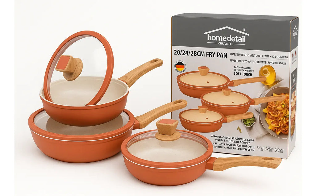 Set de sartenes antiadherentes HomeDetail Granite 20/24/28cm con tapas de vidrio templado